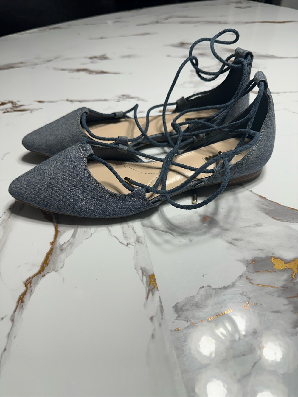 Jennifer Lopez Denim Lace-Up Flats Ballet Style Chic and Trendy. - Picture 6 of 12